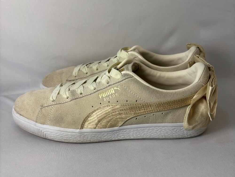 Puma Suede Bow Women's Sneakers Cream Gold Satin Classic Low-Top Shoes Sz 10